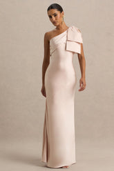 Valerie | Light Pink Satin Asymmetric-Neck Maxi Dress With Bow Detail