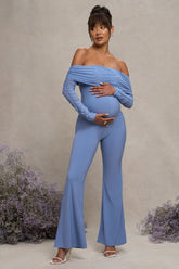 Count Down | Powder Blue Maternity Ruched Mesh Bardot Jumpsuit
