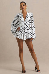 Laurel | White Polka Dot V-Neck Balloon Sleeve Romper