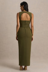 Sandra | Olive Square-Neck Tailored Maxi Dress With Front-High Split