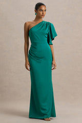 Unforgettable | Bottle Green Asymmetric-Neck Maxi Dress With Ruffled Detailing