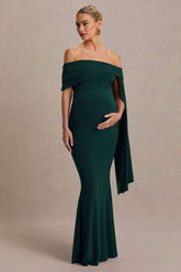 Aquila | Bottle Green Bardot Maternity Maxi Dress With Draped Detail