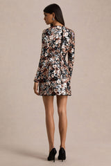 Adaline | Black Velvet & Embellished Sequin Floral Long-Sleeved Mini Dress