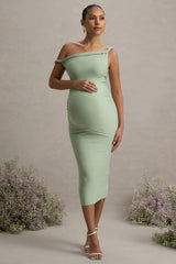 Salome | Light Green Twisted Asymmetric Maternity Midi Dress
