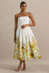 Ivory | Sunflower Print Bandeau High-Low Midi Dress