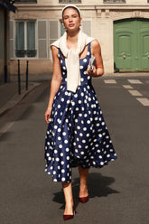 Berta | Navy And White Polka-Dot Square-Neck Midi Dress