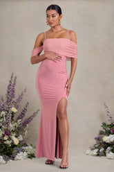 Augusta | Blush Pink Mesh Bardot Strappy Split Maternity Maxi Dress