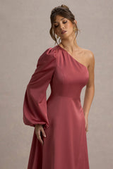 Haila | Rose Pink Satin One-Shoulder Midi Dress