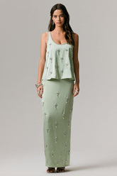 Lena | Mint Satin Embellished Maxi Skirt