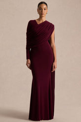 Rubelle | Burgundy Asymmetric Neck Maxi Dress With Draped Detailing
