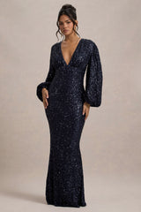 Kaelin | Navy Sequin Plunge-Neck Maxi Dress