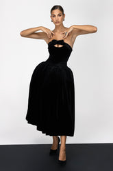 Hepburn | Black Velvet Bandeau Midi Dress With Bow