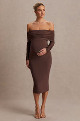 Elspeth | Brown Bardot-Neck Maternity Midi Dress