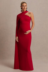 Tessy | Red Asymmetric-Neck Maternity Maxi Dress With Cape-Sleeve