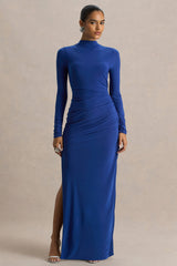 Alluring | Blue High Neck Maxi Dress With Ruched Detailing