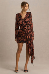 Lindsey | Black And Rust Plunge-Neck Wrap Mini Dress With Bell Sleeves And Sash Detail