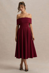 Isabella | Burgundy Bardot-Neck Midi Dress