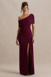 Dynasty | Burgundy Asymmetric-Neck Maxi Dress With Ruched Detailing And Front High-Split