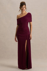Dynasty | Burgundy Asymmetric-Neck Maxi Dress With Ruched Detailing And Front High-Split