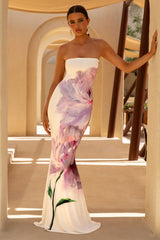 Ceremony | Pink Floral Print Bandeau Fishtail Maxi Dress
