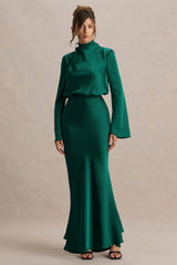 Celina | Bottle Green Satin High-Neck Maxi Dress