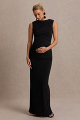 Raven | Black Boat-Neck Maternity Maxi Dress With Gathered-Detailing
