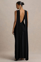 Premiere | Black Boat-Neck Maxi Dress With Open-Back And Cape-Sleeves