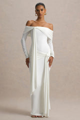 Jovie | White Bardot Wrap Maxi Dress With Sash Detail