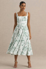 Lissa | Green Porcelain Print Square-Neck Midi Dress
