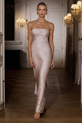 Talulla | Champagne Satin Bandeau Maxi Dress With Ruffled Detail