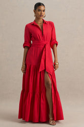 Sydney | Red Belted Maxi Shirt Dress