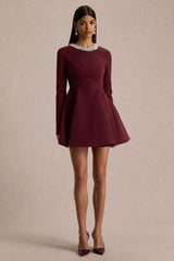 Eletta | Burgundy Embellished Crew-Neck Mini Dress