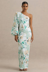 Kellis | Green Floral Print Asymmetric Maxi Dress With Balloon Sleeve