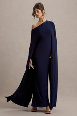 Florentina | Navy One-Shoulder Cape Maxi Dress