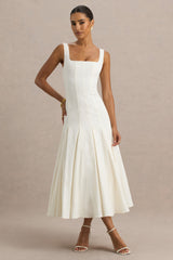 Magnolia | White Scoop-Neck Midi Dress With Drop-Waist And Ruffling Detail