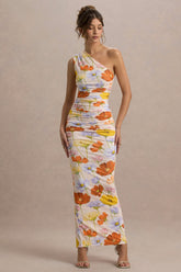 Dalarie | Bright Floral Print One-Shoulder Gathered Maxi Dress