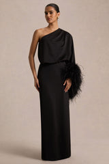 Felicity | Black Satin Asymmetric-Neck Maxi Dress With Feather Detailing