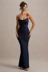 Gia | Navy Satin Cowl-Neck Maxi Dress