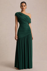 Kady | Dark Green Asymmetric-Neck Maxi Dress With Ruched Detailing