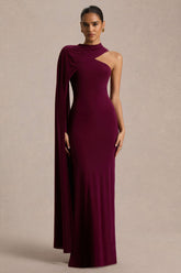 Dawn | Burgundy Asymmetric-Neck Maxi Dress With One Long-Sleeve And Cape