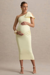 Adorn | Lemon Asymmetric Maternity Midi Dress With Shoulder Bow Detail