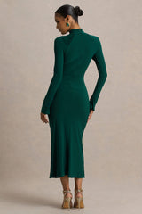 Cassandra | Bottle Green High-Neck Long-Sleeve Midi Dress