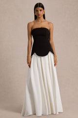 Wendy | Black And White Maxi Dress With Drop-Waist And Pearl Embellishment