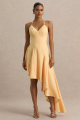 Glint | Peach Satin Plunge-Neck Maxi Dress With Asymmetric Hem