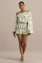 Waterfall | Lemon Floral Print Asymmetric Long-Sleeve Romper