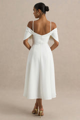 Hettie | White Short-Sleeve Bardot Midi Dress With Bow Detail