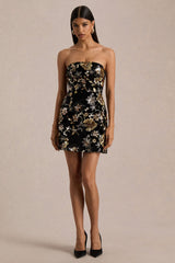 Valeri | Black Velvet Bandeau Mini Dress With Bronze Floral Sequin Embellishment