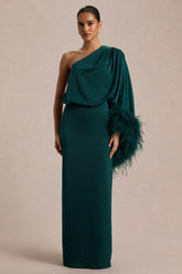 Felicity | Teal Satin Asymmetric-Neck Maxi Dress With Feather Detailing