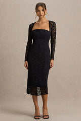 Alissa | Black Lace Square-Neck Midi Dress