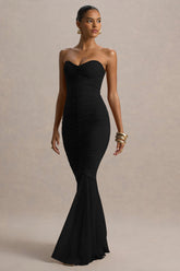 Talisa | Black Bandeau Ruched Maxi Dress With Mesh Fishtail
